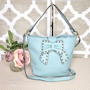3/$30 Gold Tone Studded Bow Teal Faux Leather Bucket Bag NWT
